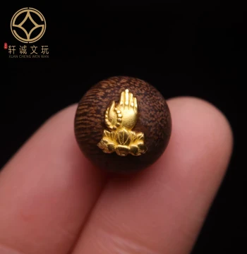 Ancient Method Gold Fittings with Natural Agarwood Inlay, Auspicious Buddha Hand Round Beads, Spacer Beads, Loose Beads for DIY Cultural Play Accessories