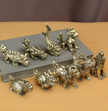 Solid Brass Set of Nine Dragon Sons - Decorative Ornaments Featuring Bi'an, Bixi, Chiwen, Gongfu, Jiaotu, Pulao, Suanni, Taotie, and Yazi
