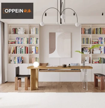 Oppein Modern Minimalist Wall-to-Wall Bookcase – Living Room Storage Cabinet & Bookshelf Combo