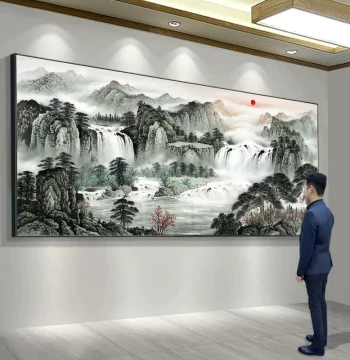 Flowing Water Brings Wealth Decorative Painting, Living Room Sofa Background Wall Art, New Chinese Style Office Landscape Hanging Scroll, Scenic Traditional Chinese Painting