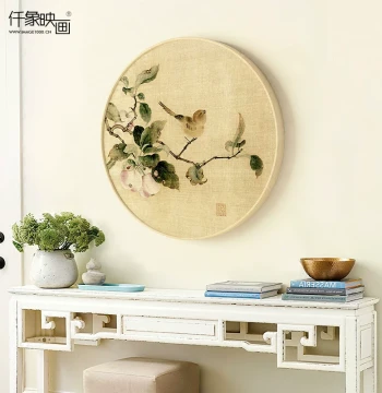 Qianxiang Yinghua Modern New Chinese Style Landscape Painting, Solid Wood Round Frame Wall Art, Flower and Bird Chinese Mural for Living Room