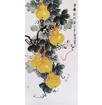 Five Blessings Arrive at the Door, Pure Hand-Painted Traditional Chinese Painting, Entryway Hallway Decor, Living Room Dining Room Vertical Fortune and Prosperity Gourd Art
