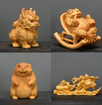 Thuja Burl Wood Handheld Carving - Wealth Elephant and Armor-Clad Qilin Figurines - Wooden Craft Gift and Collectible Pendant