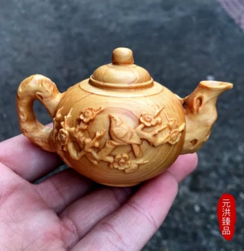 Thuja Wood Carved Plum Blossom Teapot - 'Joy on Eyebrows' Hand-held Ornament, Pendant, and Wooden Craft Collectible Display