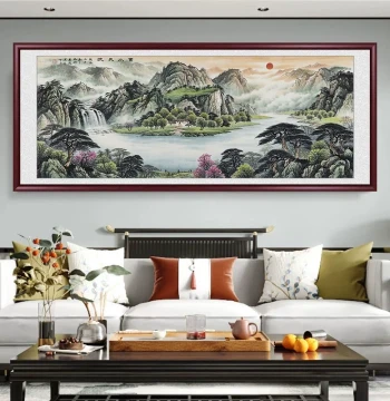 Endless Flow Landscape Painting, Treasure Bowl Feng Shui Backing Mountain Art, Living Room Decor, Office Chinese Painting for West Wall Hanging
