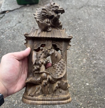 Vietnamese Agarwood Carved Carp Leaping Over Dragon Gate Ornament for Home and Office Desk