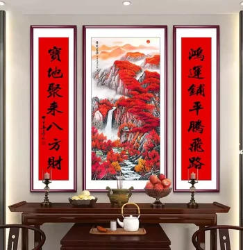 Chinese Style Landscape Painting Living Room Decorative Art, Triptych Calligraphy and Painting, Traditional Chinese Art Wall Hanging, Background Wall Art for Main Hall
