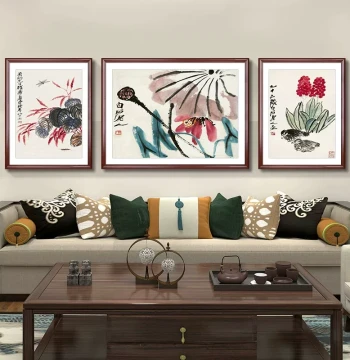 Qi Baishi Decorative Art Print, New Chinese Style Living Room Sofa Wall Background, Triptych 2025 New Mural, Lotus Traditional Painting