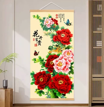 Blooming Peony 'Flowers Bring Wealth' Wall Art - New Chinese Style National Painting for Living Room Background, Office Decor, and Entryway Hanging Scroll