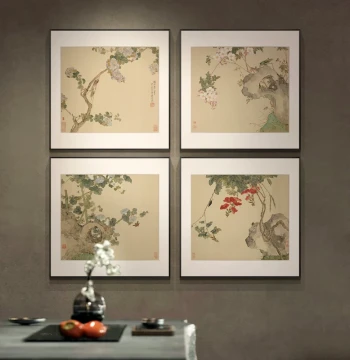 New Chinese Style Hotel and Restaurant Decorative Art; Entryway Bird-and-Flower Multi-Panel Traditional Painting, High-End Background Wall Hanging for Living Room.
