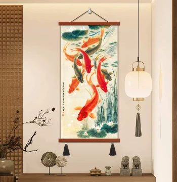 Nine Carp Ink Wash Painting Wall Mural for Entryway, Hallway, and Living Room Feng Shui Wealth Decor