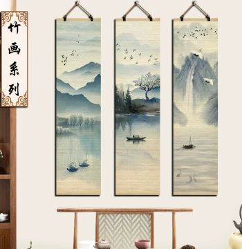 New Chinese Style Artistic Landscape Painting on Bamboo Curtain Scroll, Wall Decor for Living Room, Entryway, and Sofa Background