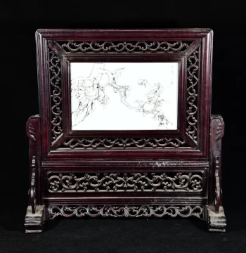 Qing Dynasty Guangzhou Era White Glaze Porcelain Carving with 'Abundant Blessings and Longevity' Pattern, Porcelain Plaque Painting Inkstone Screen
