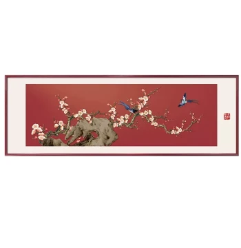 'Joy on Eyebrows' New Chinese Style Living Room Decor, Sofa Background Wall Art, Horizontal Premium Bird-and-Flower Traditional Painting