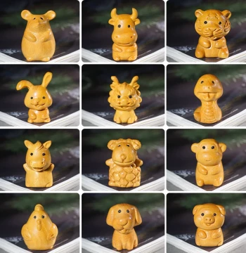Golden Sandalwood Carved Twelve Zodiac Mini Ornaments (Rat, Ox, Tiger, Rabbit, Dragon, Snake, Horse, Sheep, Monkey, Rooster, Dog, Pig)