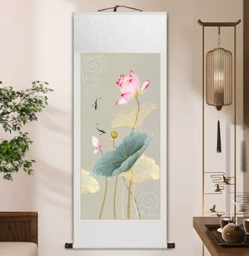 Pink Lotus Entryway Painting, New Chinese Style Living Room Decor, Zen Tea Room Wall Scroll, Traditional Chinese Ink Art