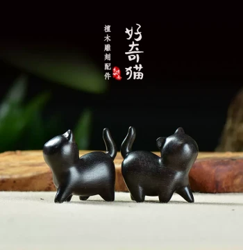 Ebony Wood Carved Cat Pen Holder, Creative Desktop Ornament, Purple Sandalwood Handheld Playpiece, Cute Pet Charm
