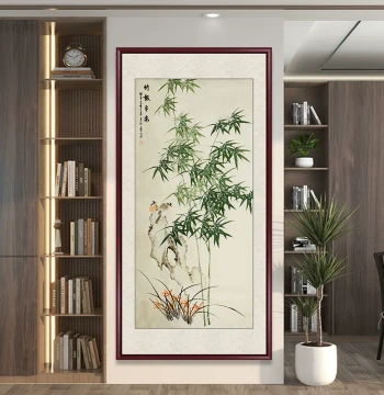Bamboo Reports Safety Ink Wash Painting - Entryway Decor for Living Room, Traditional Chinese Bird-and-Flower Vertical Wall Art
