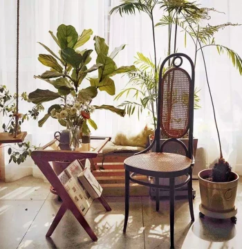 Vintage Solid Wood Dining Chair with Natural Pure Rattan Backrest, Simple Chinese Style Leisure Seat
