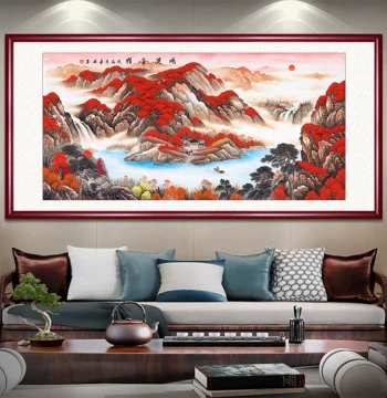 Traditional Chinese Landscape Painting for Living Room, 'Great Fortune' Scenery Art, Office Calligraphy, Sofa Background Wall Decor Mural