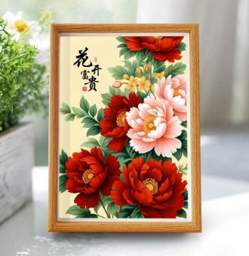 Traditional Chinese Painting 'Blooming Peonies Bring Prosperity', Framed Wall Art for Living Room Sofa Background, Dining Room, or Bedroom Decoration