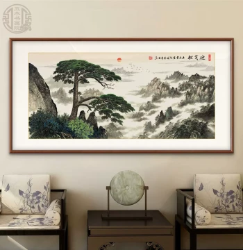 Guest-Greeting Pine Hanging Painting, Living Room Decor, Hand-Painted Chinese Landscape Art, Office Backing Mountain Map, Tea Room Background Wall Art