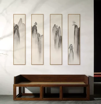 New Chinese Style Ink Wash Landscape Painting Set of Four for Living Room, Tea Room Background Wall Art
