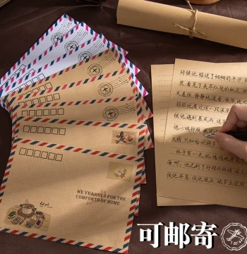 Vintage Airmail Envelopes in Kraft Paper: Mailable Postcards and Birthday Cards, Customizable with Logo for Premium Ceremonial Handwritten Letters; European INS Style Letter and Envelope Set