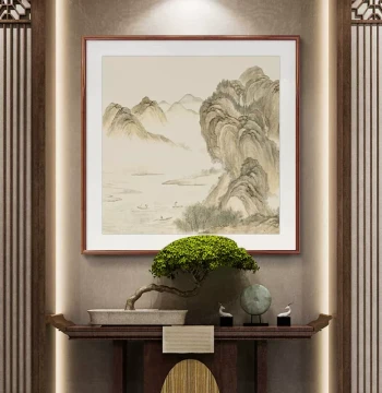 'Spring Warmth over Lakes and Mountains' New Chinese Style Landscape Painting - Square Format Wall Art for Entryway, Living Room, Dining Room, or Study