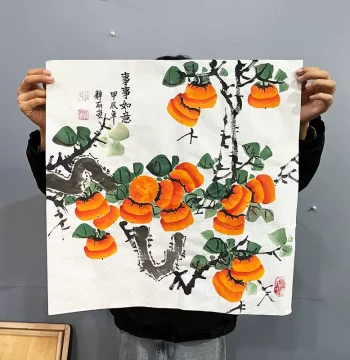 Hand-Painted Chinese Persimmon Painting - 'Everything Goes Well' Freehand Artwork for Living Room, Hallway, or Dining Room Decor