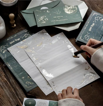 Star Moon Poetry Note Gold Foil Embossed Letter Paper and Envelope Set, Ins-Style High-Aesthetic Vintage Exquisite Love Letters