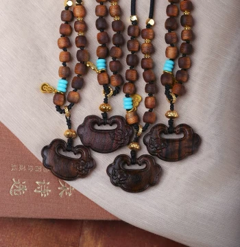 Hot Seller, Natural Agarwood Carved Ruyi Lock, Original Design Pendant Sweater Chain, Women's Wenwen Wooden Jewelry