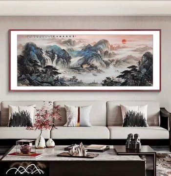 'Purple Energy from the East' Living Room Wall Art, New Chinese Style Landscape Painting with Mountain Backdrop, Sofa Background Wall Decor, Hand-Painted Traditional Chinese Art