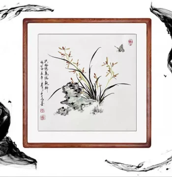 Hand-Painted Chinese Ink Orchid on Paper with Wooden Frame and Scroll Mount for Living Room, Study, or Office Decor