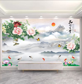 Self-Adhesive Sticker Art, New Chinese Style Peony Traditional Painting, Living Room Sofa Background Wall Mural, 'Blooming Prosperity' Decor, Bedhead Art