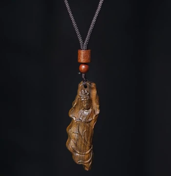 Agarwood Bodhisattva Chess Piece Pendant with Lotus Leaf and Guanyin Carving, Wooden Craft Safety Amulet for Necklace or Bag Charm