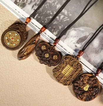 Agarwood Carved Pendant with Retro Chinese Style Braided Rope Necklace Accessory