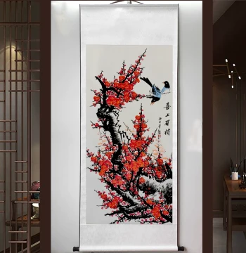 Wealthy Peony, Bamboo Reporting Safety, Abundance Year After Year, Red Plum Blossom on Xuan Paper, Traditional Chinese Scroll Painting for Living Room and Entryway Decor