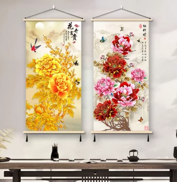 Blooming Prosperity Wall Art Peony Peacock Landscape Painting for Living Room Entryway Hallway Fine Brush Chinese Decorative Calligraphy