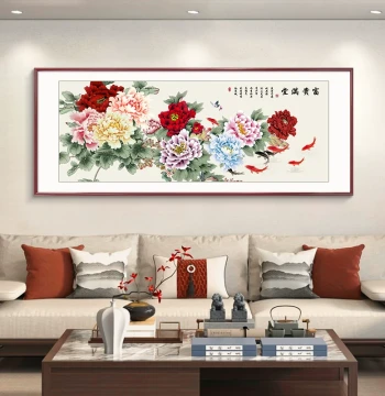 Chinese Painting 'Blooming Flowers Bring Wealth' Wall Art for Living Room, New Chinese Style Sofa Background Hand-Painted Mural with Nine Fish and Peonies