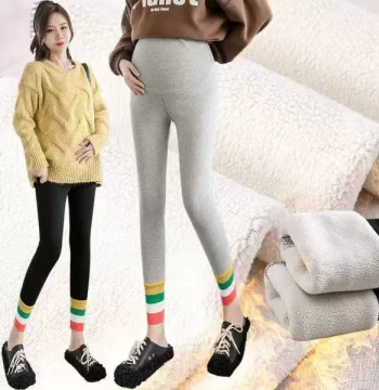 Maternity Spring/Autumn Fashionable Mom Fleece-Lined Thickened Warm Winter Long Pants, Rainbow Spliced Leggings, Pencil Pants, Trendy