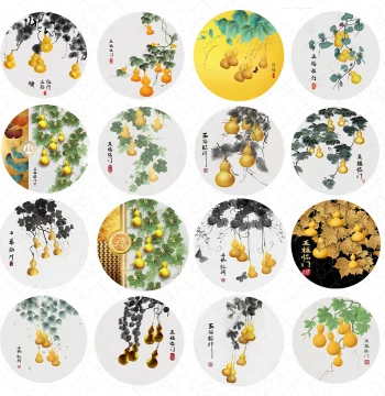 Chinese Style Gourd Ink Wash Painting Round Decorative Art - New Chinese Living Room Entryway Self-Adhesive Wall Sticker