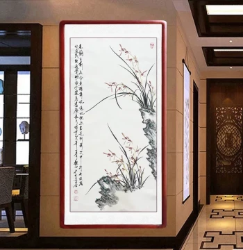 Hand-Painted Original Chinese Ink Orchid Painting, Solid Wood Framed Wall Art for Entryway, Living Room, Bedroom, and Dining Room