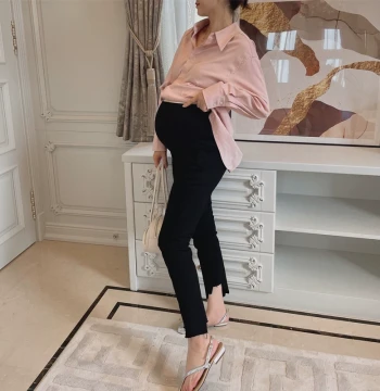 LeoMami Maternity Jeans for Spring and Autumn, Fashionable Irregular Step Hem Slim Fit Nine-Length Pencil Pants