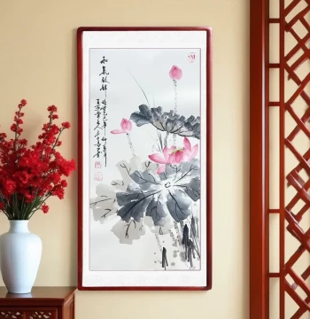 Hand-Painted Traditional Chinese Lotus Art, Decorative Painting for Entryway, Living Room, Hallway, Bedroom, or Dining Room, Ink Wash Style in Wooden Frame