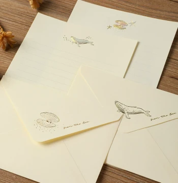 Gold-Foil Envelope and Letter Paper Set - Fresh & Creative Postcard Sleeves with Cute Animal Designs: Duck, Rabbit, Seal, Whale