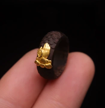 Traditional Gold Accessories with Natural Agarwood Inlay, Rain Fade Ear, Baby Buddha, Palm Heart Sutra Mantra Running Ring, Collectible Ornaments