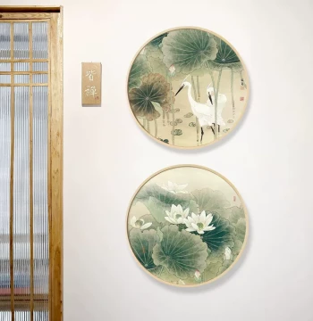 New Chinese Style Solid Wood Round Frame Decorative Painting - Lotus and Crane Theme for Living Room, Entryway, Study, or Tea Room