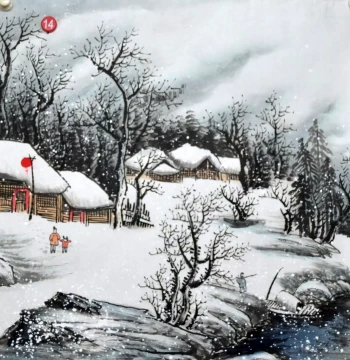 Hand-Painted Chinese Landscape Snow Scene on Four-Foot Square Paper for Living Room or Bedroom Wall Decor