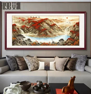 'Great Fortune' Chinese Landscape Painting - Living Room Wall Art, Background Decor, Scenic 'Backing Mountain' Picture for Office